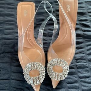 Zara Women's Tan and Clear Embellished Heels